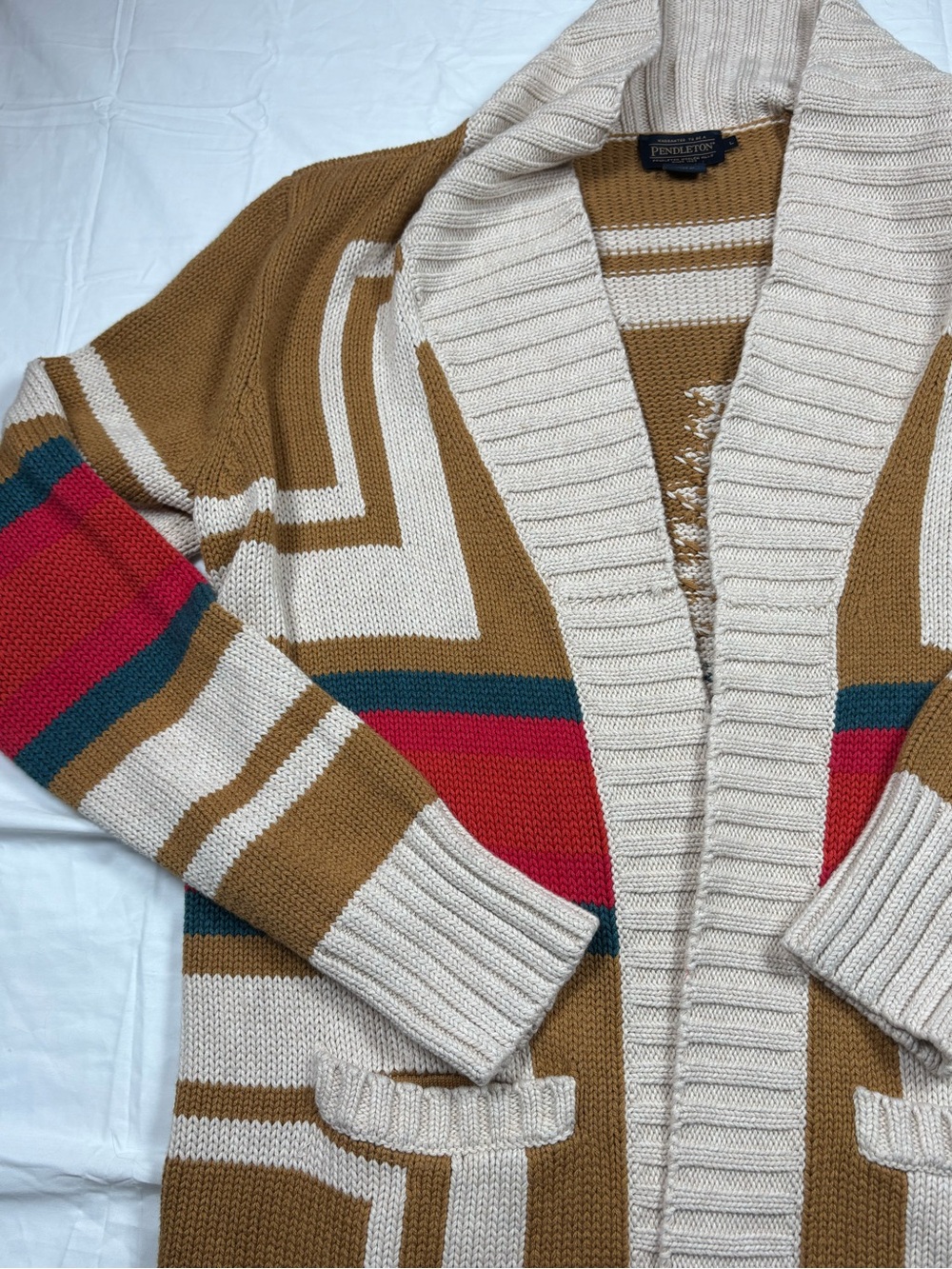 Pendleton Camel Shawl-Collar Cardigan with Red and Teal Stripe Accents - Picture 4 of 12